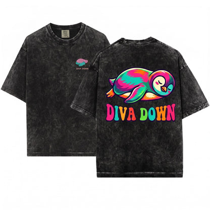 Diva Down Funny Penguin Embroidered Cute Animal Unisex Wash T-Shirt