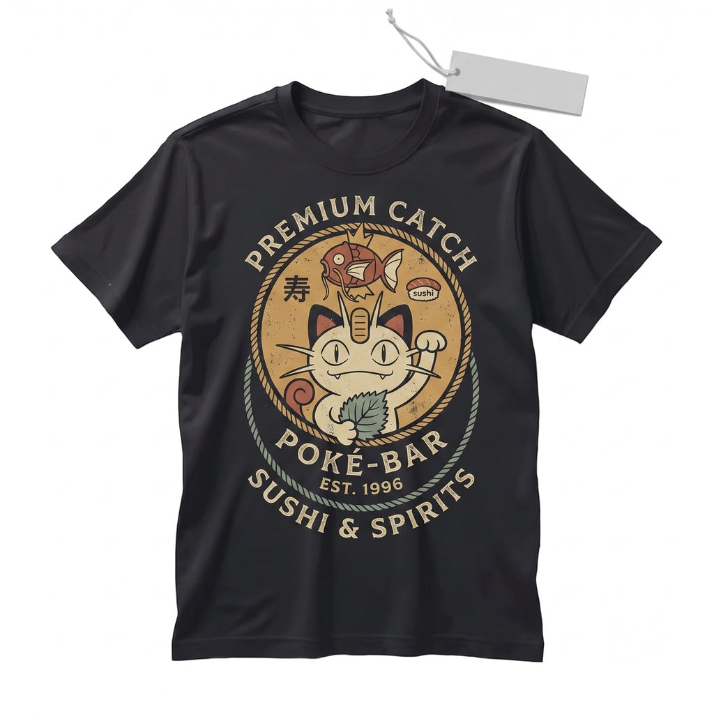 Retro Japanese Sushi Bar Anime Cat and Koi Fish Vintage Wash Oversized Graphic Gamer Gift Unisex TShirt