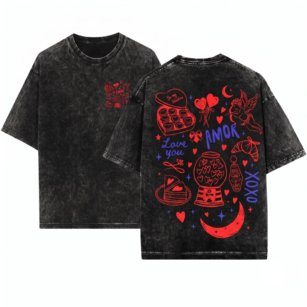 Retro Love Hand Drawn Heart Cupid Doodles Xoxo Women Vday Gift Unisex Wash T-Shirt