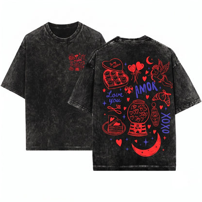 Retro Love Hand Drawn Heart Cupid Doodles Xoxo Women Vday Gift Unisex Wash T-Shirt
