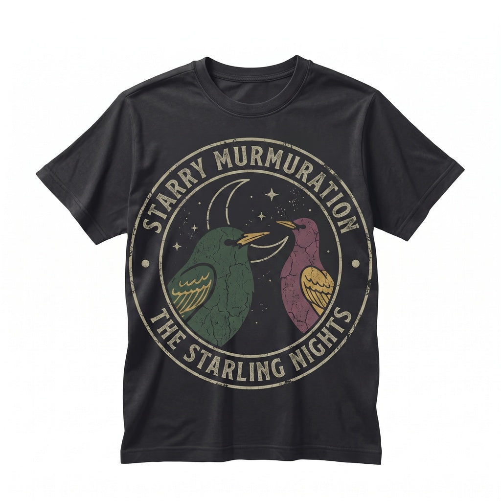 Three Starling Moon European Bird Lover Iridescent Songbird Galaxy Gift Vintage Wash Retro Graphic Pet Unisex TShirt