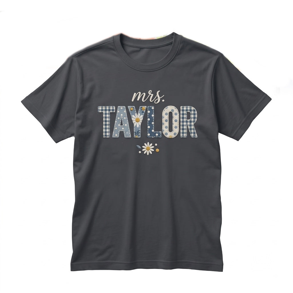 Personalized Teacher Name Floral Blue Faux Patchwork Kindergarten First Grade Matching Unisex TShirt