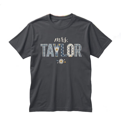 Personalized Teacher Name Floral Blue Faux Patchwork Kindergarten First Grade Matching Unisex TShirt