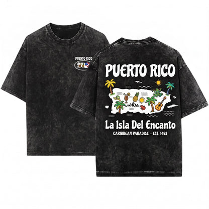 Puerto Rico La Isla del Encanto Flag Gift Travel Lover Raised Roots Unisex Wash T-Shirt