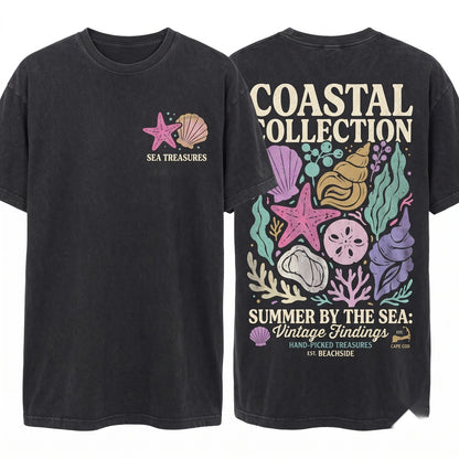 Coastal Seashell Pastel Starfish Ocean Summer Vacation Graphic Top Unisex Wash T-Shirt