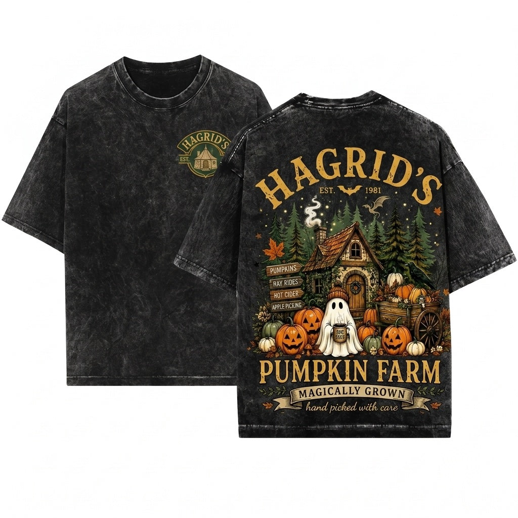 Retro Fall Autumn Ghost Wizard Pumpkin Patch Farm House Crewneck Unisex Wash T-Shirt