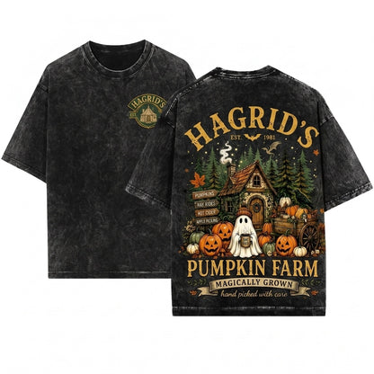 Retro Fall Autumn Ghost Wizard Pumpkin Patch Farm House Crewneck Unisex Wash T-Shirt