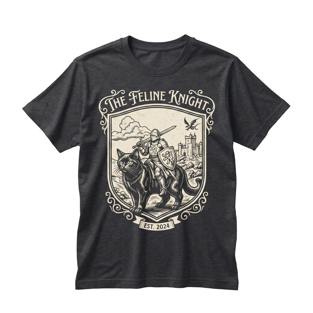 Vintage Engraved Fantasy Cat Knight Medieval Rider Castle Bird Graphic Feline Unisex TShirt