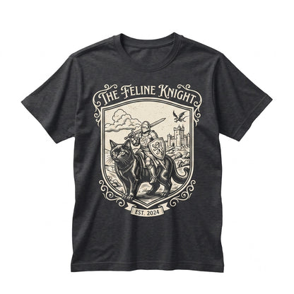 Vintage Engraved Fantasy Cat Knight Medieval Rider Castle Bird Graphic Feline Unisex TShirt