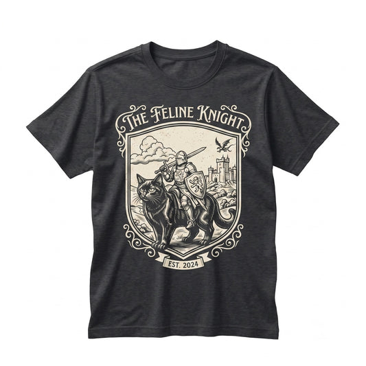 Vintage Engraved Fantasy Cat Knight Medieval Rider Castle Bird Graphic Feline Unisex TShirt