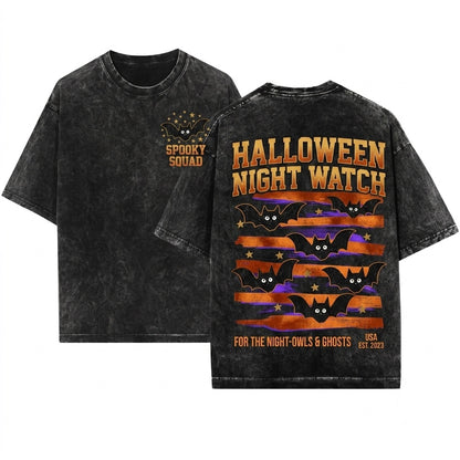 Cute Bat Halloween Spooky Season Linocut Graphic Unisex Wash T-Shirt