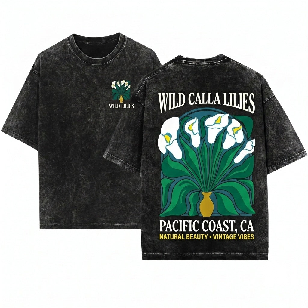Carmel California Calla Lilies Coastal Vintage Botanical Nature Art Unisex Wash T-Shirt