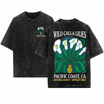 Carmel California Calla Lilies Coastal Vintage Botanical Nature Art Unisex Wash T-Shirt