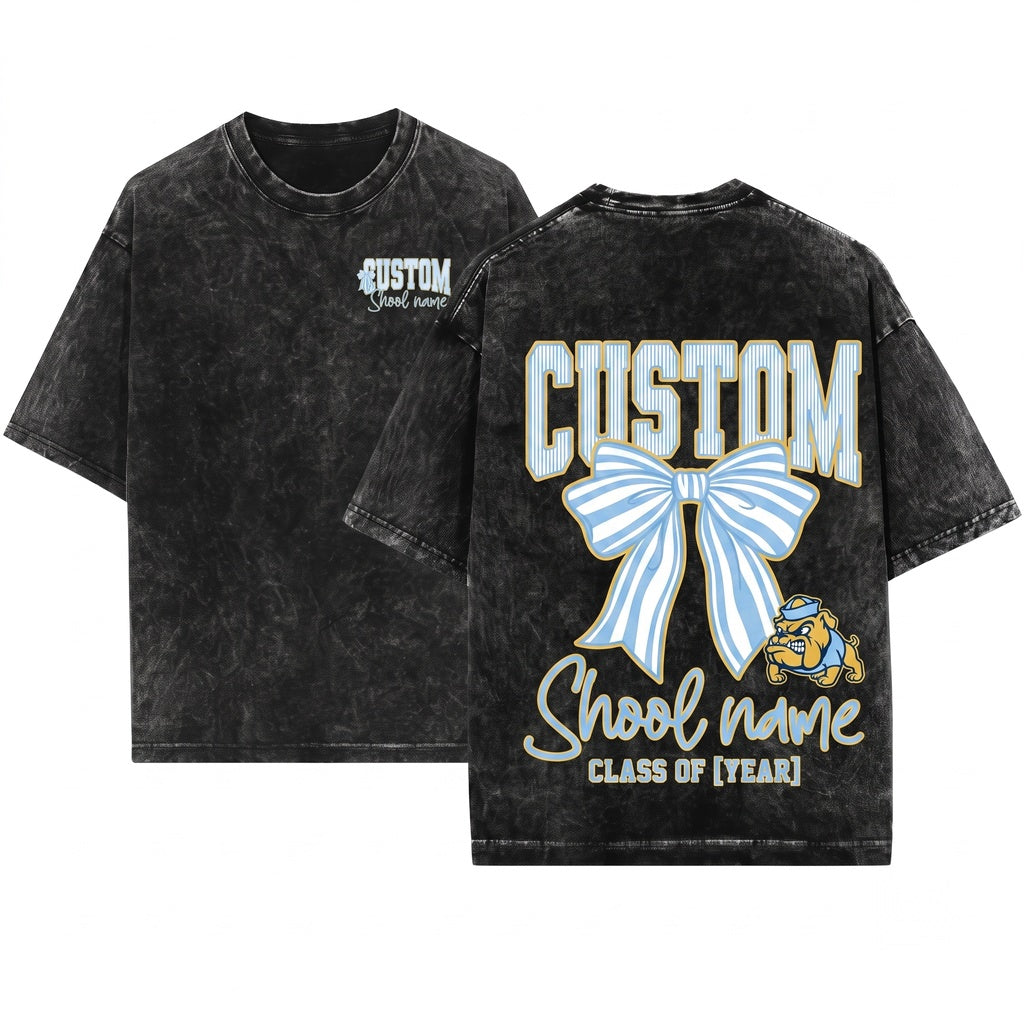 Blue Stripe Lace Coquette Custom Mascot School Name Personalized Spirit Team Pride Unisex Wash T-Shirt
