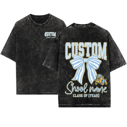 Blue Stripe Lace Coquette Custom Mascot School Name Personalized Spirit Team Pride Unisex Wash T-Shirt
