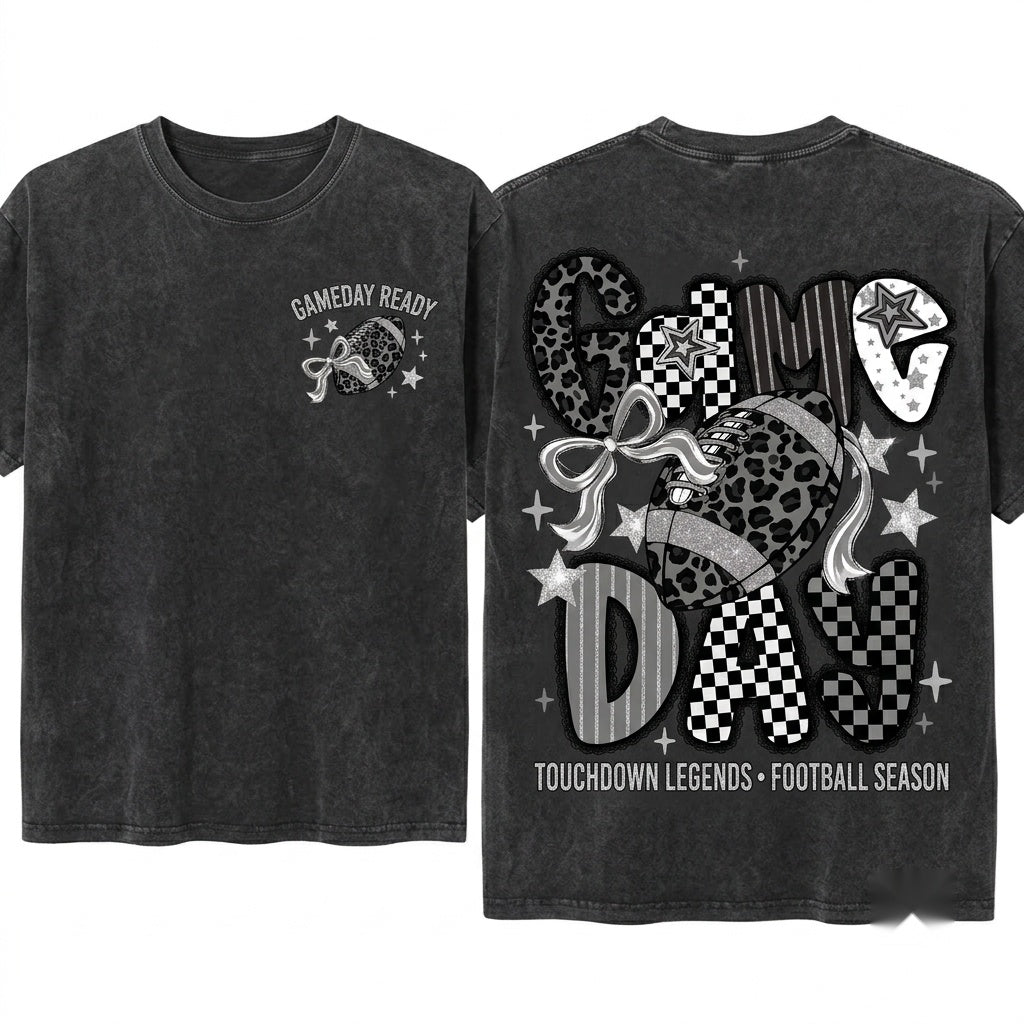 Preppy Lace Game Day Football Black White Checkered Star Leopard Touch Down Season Graphic Unisex Wash T-Shirt