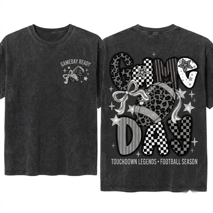 Preppy Lace Game Day Football Black White Checkered Star Leopard Touch Down Season Graphic Unisex Wash T-Shirt