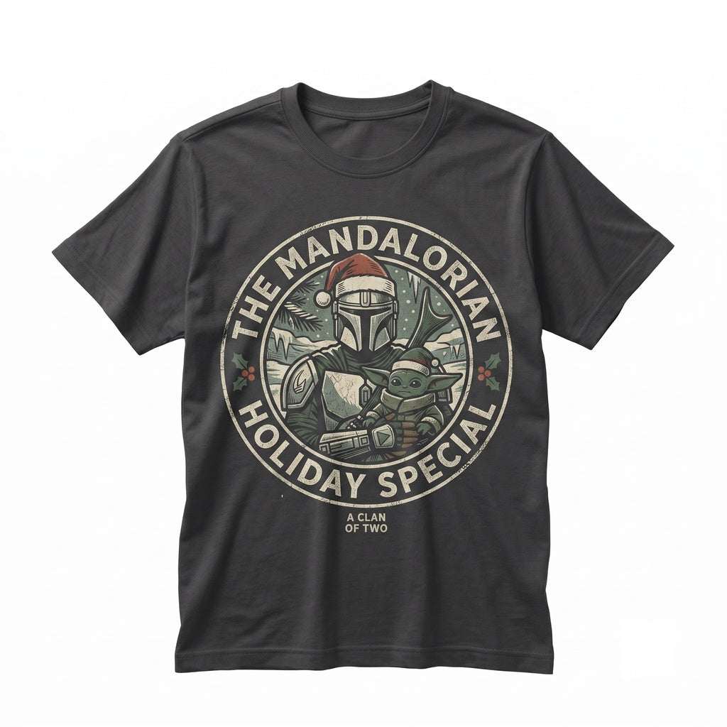 Galactic Bounty Hunter & Green Child Christmas Comic Poster Holiday Vacation 2026 Graphic Unisex TShirt
