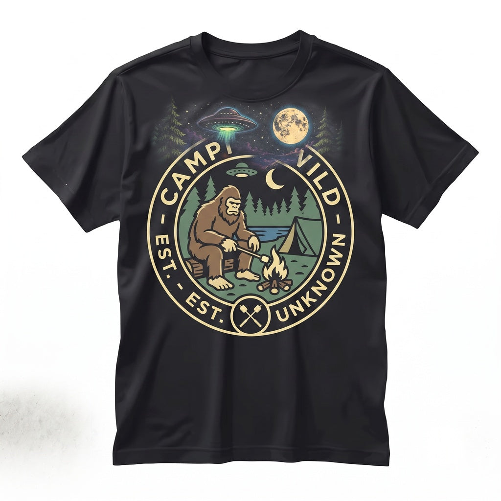 Bigfoot Camping UFO Moon Forest Campfire Graphic Sasquatch Cryptid Outdoor Adventure Gift Unisex TShirt
