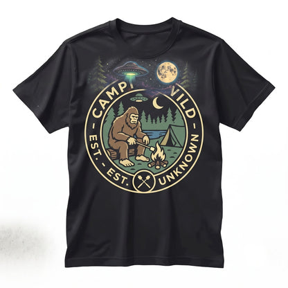 Bigfoot Camping UFO Moon Forest Campfire Graphic Sasquatch Cryptid Outdoor Adventure Gift Unisex TShirt