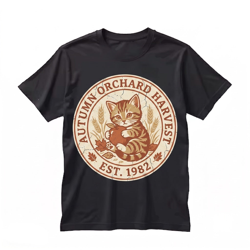 90s Nostalgia Cozy Season Pumpkin Autumn Lover Vintage Kitten With Apples Thanksgiving Unisex TShirt