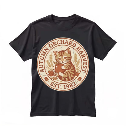 90s Nostalgia Cozy Season Pumpkin Autumn Lover Vintage Kitten With Apples Thanksgiving Unisex TShirt