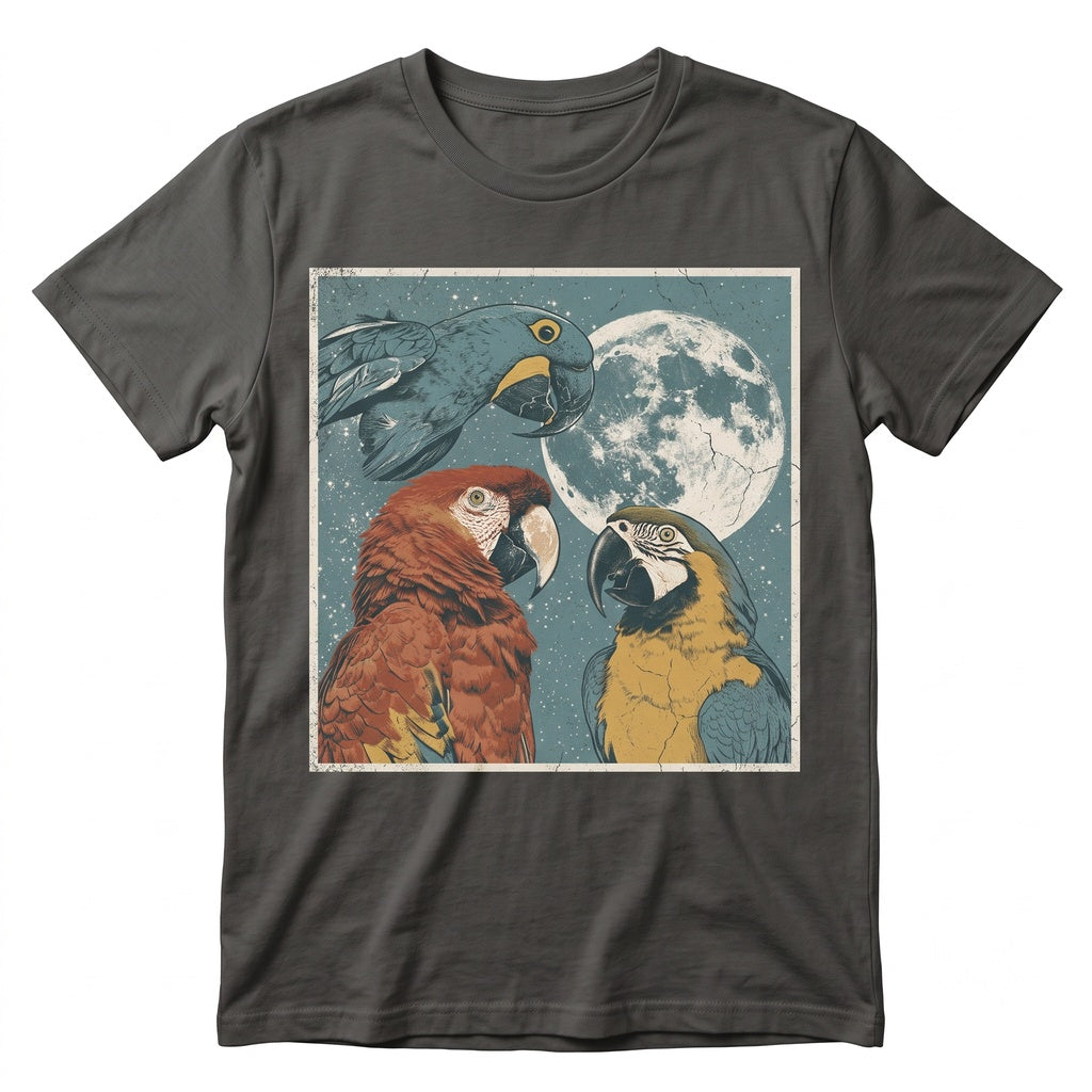 Three Macaws Moon Vintage Parrot Celestial Bird Tropical Wildlife Lover Gift Unisex TShirt