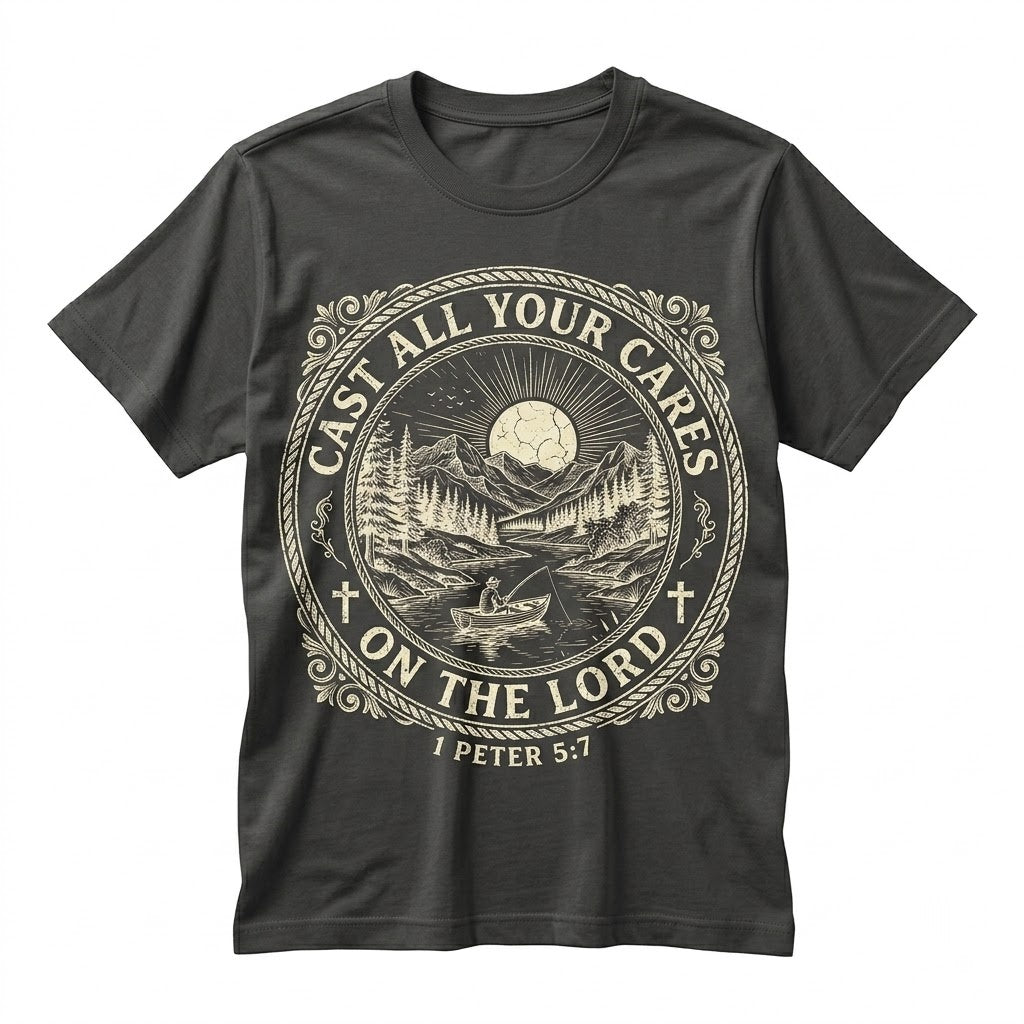 Christian 1 Peter 57 Cast All Your Cares Lord Nature River Fishing Boat Faith Bible Verse Religious Unisex TShirt