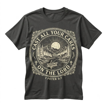 Christian 1 Peter 57 Cast All Your Cares Lord Nature River Fishing Boat Faith Bible Verse Religious Unisex TShirt