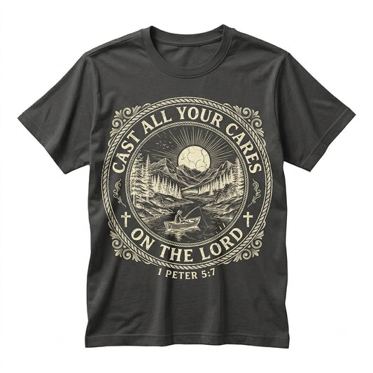 Christian 1 Peter 57 Cast All Your Cares Lord Nature River Fishing Boat Faith Bible Verse Religious Unisex TShirt