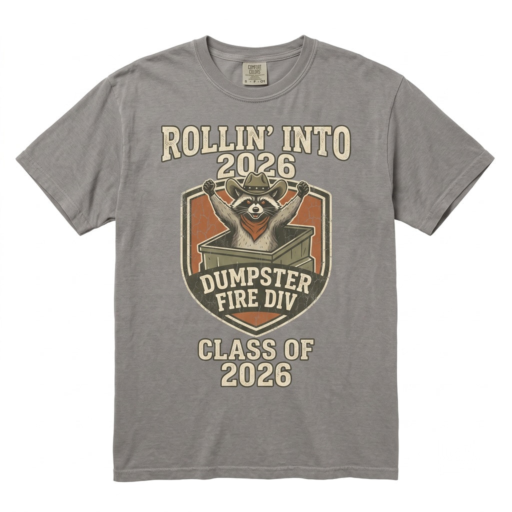 Rollin Into 2026 Funny Dumpster Fire Raccoon Chaotic New Year Humor Graphic Gift Unisex TShirt