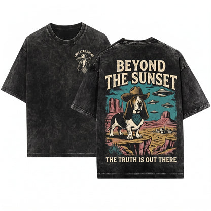 Vintage Basset Hound Western Cowboy UFO Retro Alien Dog Lover Gift Apparel Unisex Wash T-Shirt