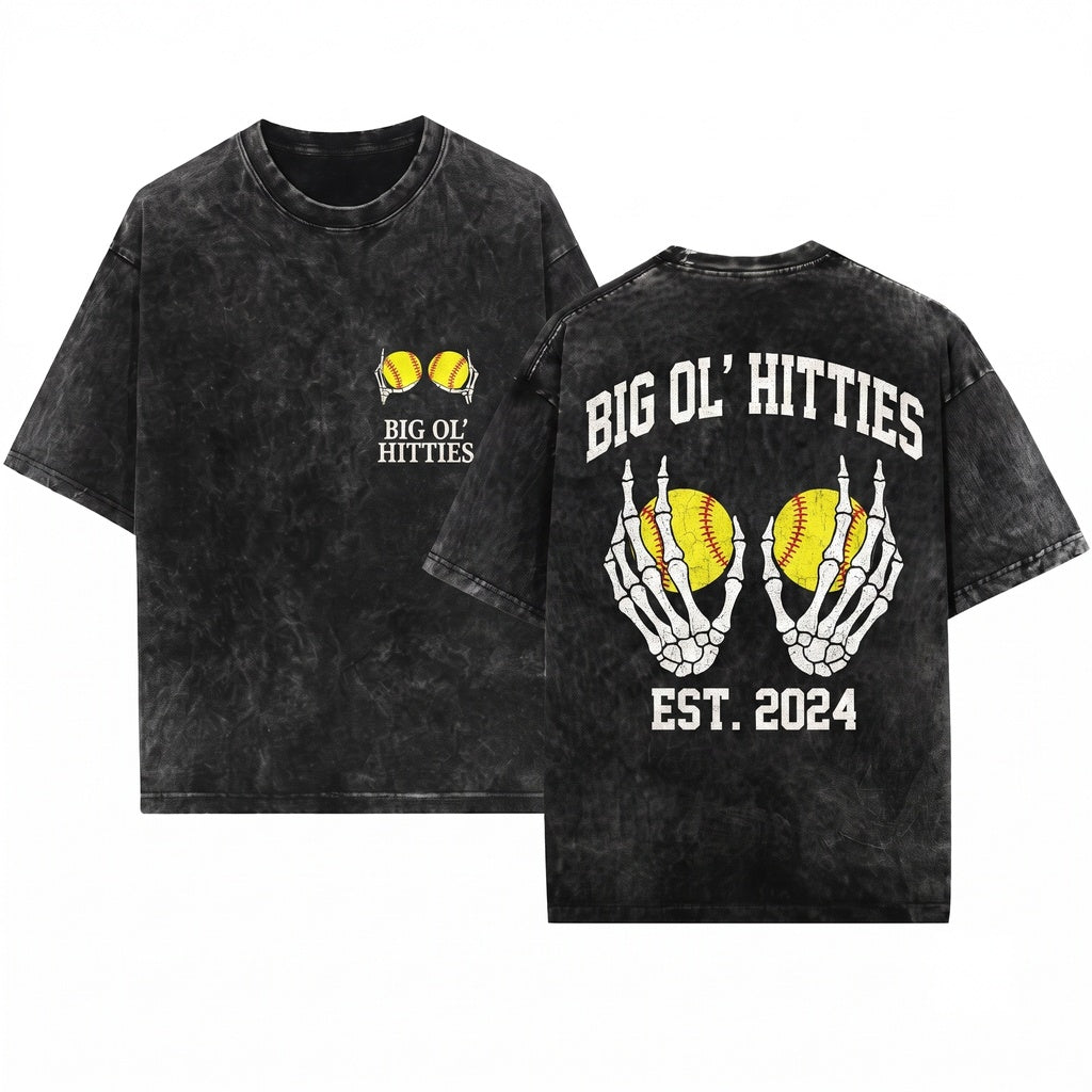 Big Ol’ Hitties Softball Skeleton Baseball Mama Gift Unisex Wash T-Shirt