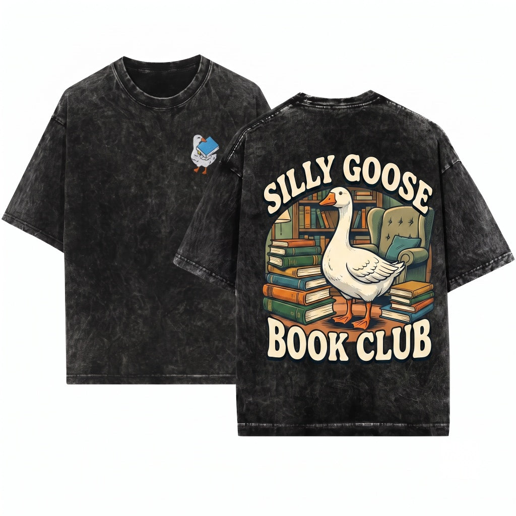 Silly Goose Book Club Embroidered Whimsical Reading Graphic Gift for Readers Unisex Wash T-Shirt