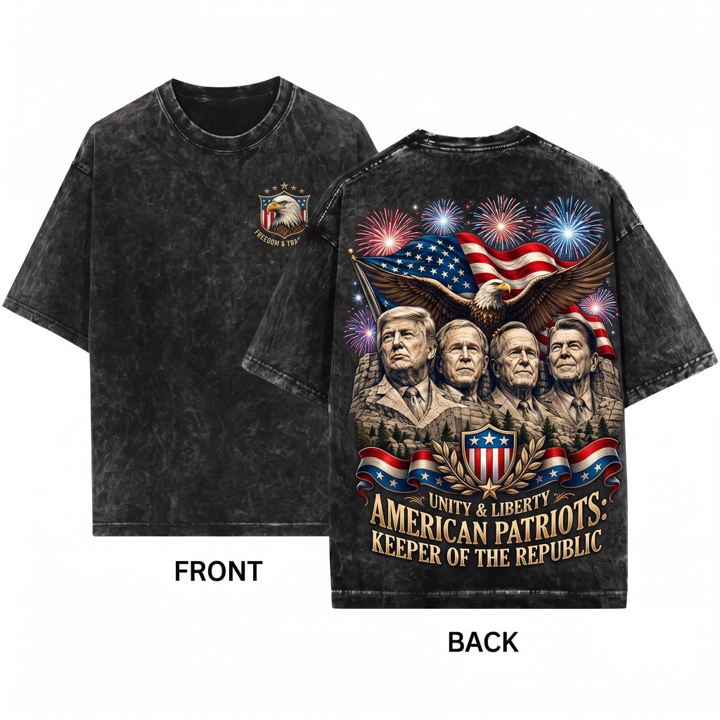 American Presidents Mount Rushmore Eagle Flag Patriotic Apparel Unisex Wash T-Shirt