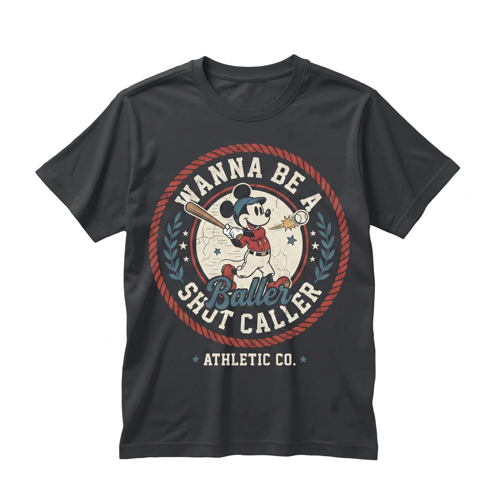 Retro Wanna Be A Baller Shot Caller Vintage Mouse Playing Baseball Graphic Apparel, Athletic Sports Gift For Dad Happy Fathers