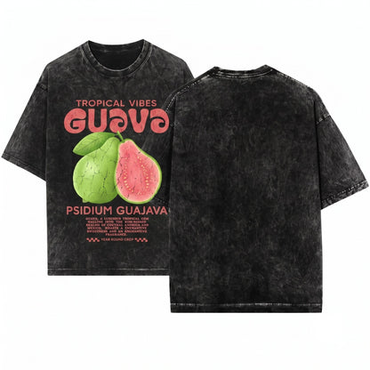 Retro Guava Fruit Tropical Hawaiian Summer Graphic Print Unisex Wash T-Shirt