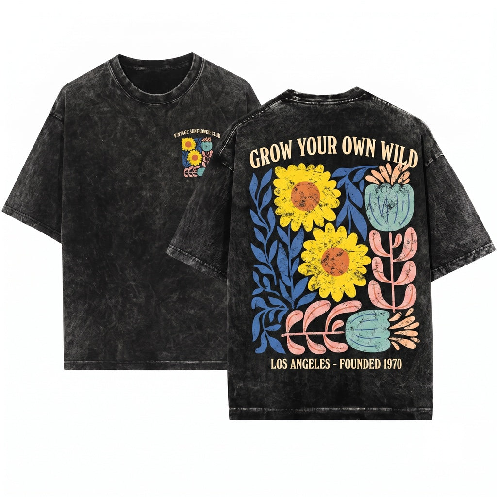 Boho Abstract Floral Graphic Vintage Aesthetic Print Unisex Wash T-Shirt