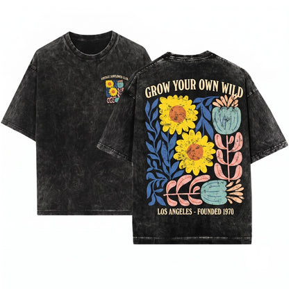 Boho Abstract Floral Graphic Vintage Aesthetic Print Unisex Wash T-Shirt