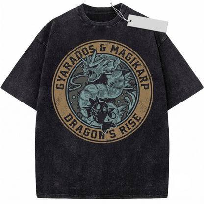 Gyarados Magikarp Vintage Wash Water Dragon Graphic Anime Streetwear Retro Oversized Gamer Gift Unisex TShirt