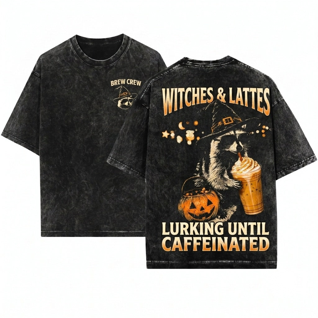 Halloween Raccoon Drinking Pumpkin Spice Coffee Lover Cute Witch Spooky Fall Autumn Gift Graphic Unisex Wash T-Shirt