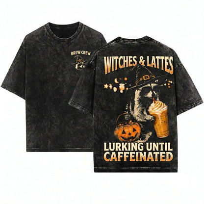 Halloween Raccoon Drinking Pumpkin Spice Coffee Lover Cute Witch Spooky Fall Autumn Gift Graphic Unisex Wash T-Shirt