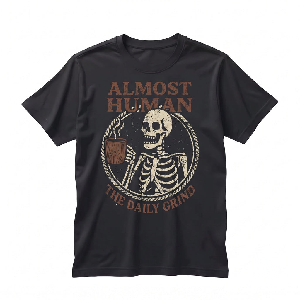 Skeleton Coffee Graphic Funny Sarcastic Almost Human Caffeine Lover Gift Apparel Unisex TShirt