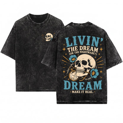 Livin The Dream Vintage Retro Skull Biker Graphic Rock Style Gift Unisex Wash T-Shirt