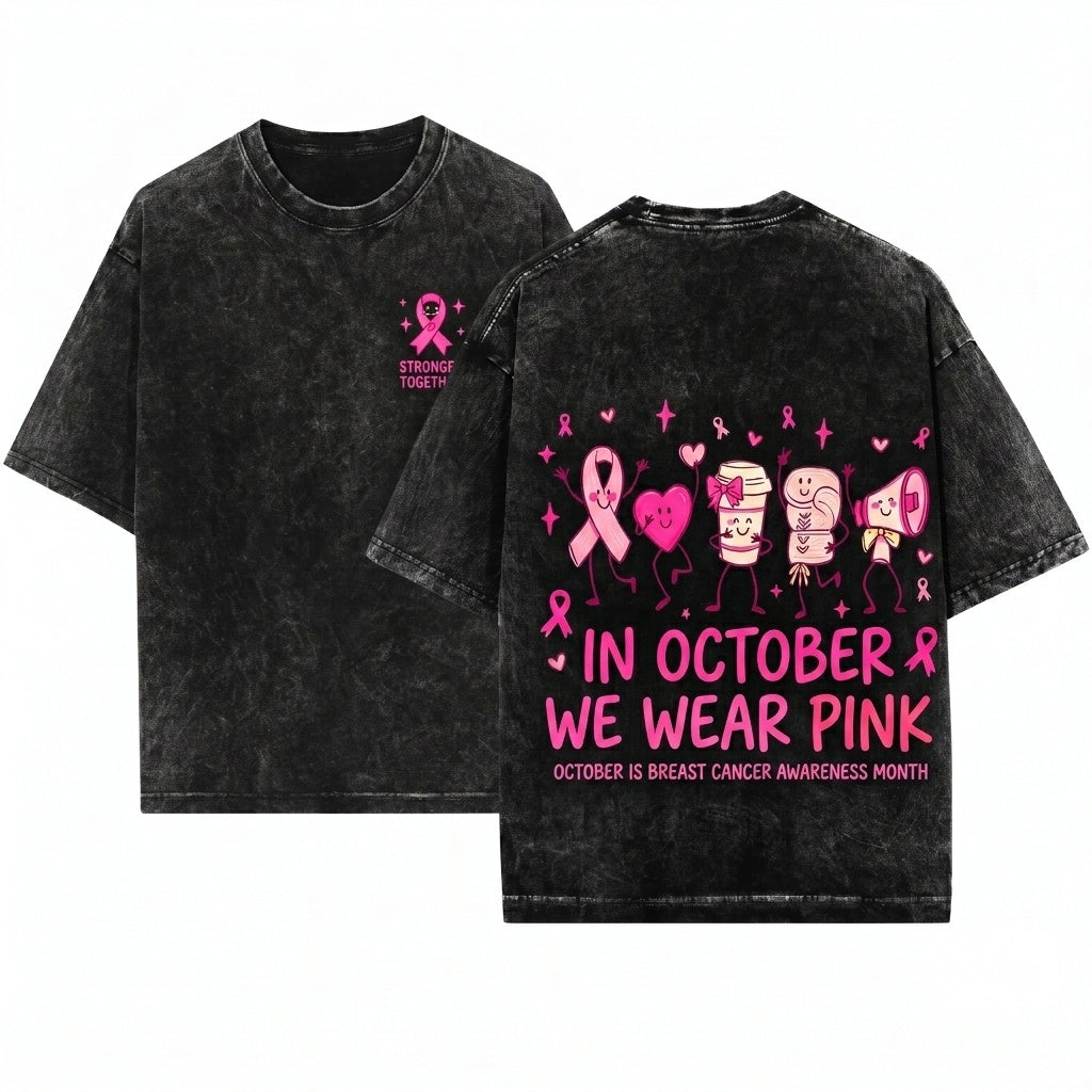 In October We Wear Pink Breast Cancer Awareness Doodles Cute Ribbon Coffee Boxing Gloves Megaphone Unisex Wash T-Shirt