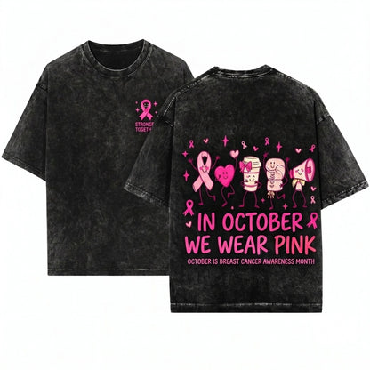 In October We Wear Pink Breast Cancer Awareness Doodles Cute Ribbon Coffee Boxing Gloves Megaphone Unisex Wash T-Shirt