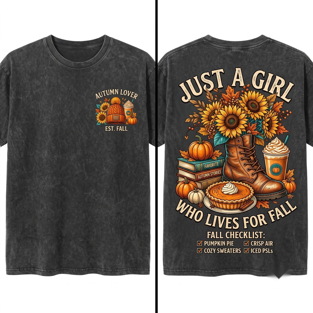 Just A Girl Who Loves Fall, Cozy Season Autumn Graphic Unisex Wash T-Shirt
