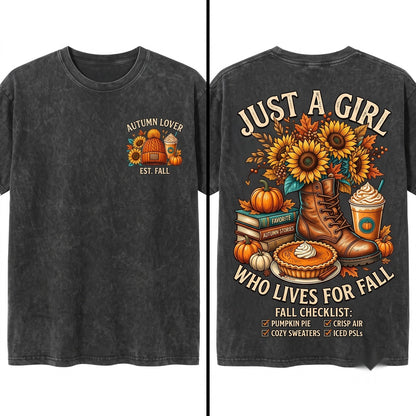Just A Girl Who Loves Fall, Cozy Season Autumn Graphic Unisex Wash T-Shirt