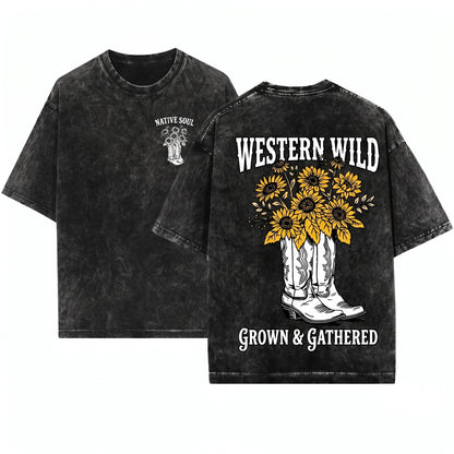 Floral Cowboy Boots Western Country Vintage Graphic Unisex Wash T-Shirt