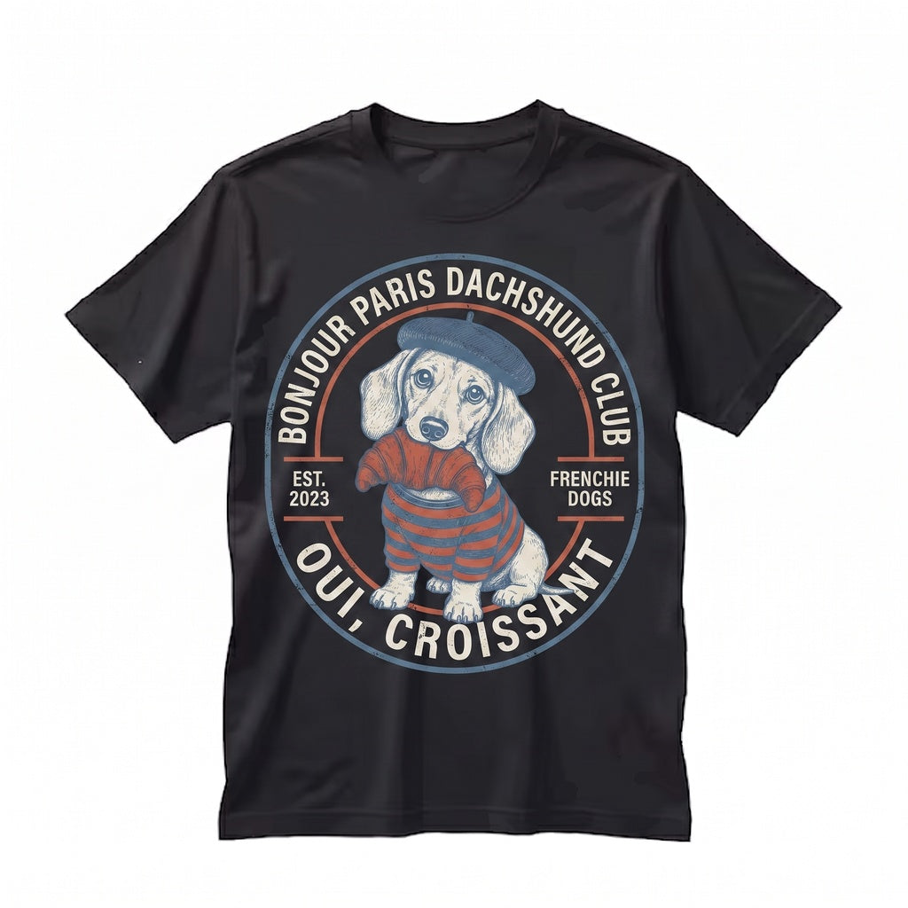 Funny Dachshund Oui Croissant French Bakery Wiener Dog Doxie Travel Foodie Paris Unisex TShirt